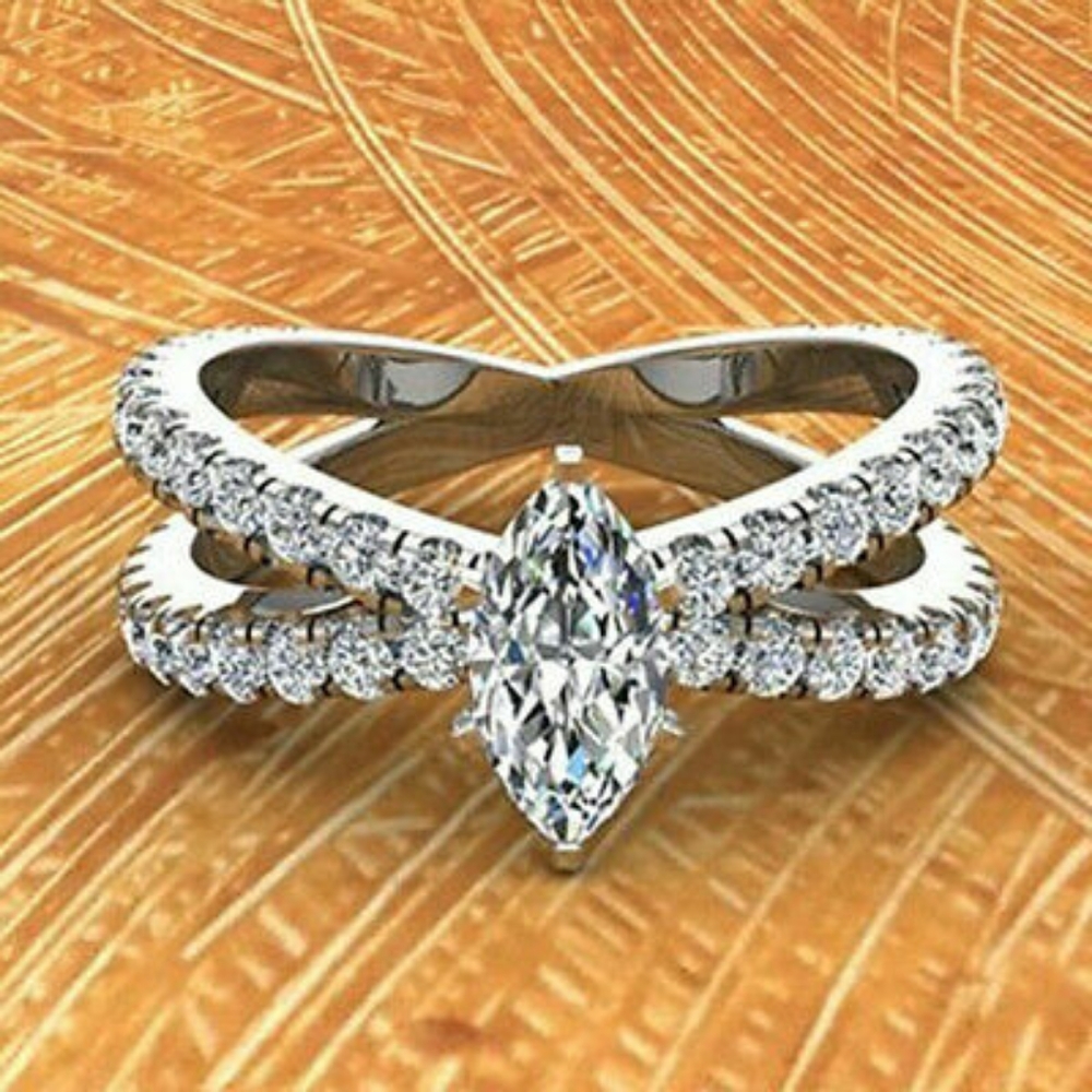 New Silver Simulated Diamonds Skylight Ring